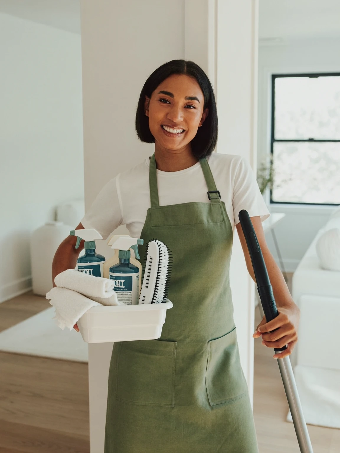 A smiling cleaner in a sage apron holding a caddy of cleaning supplies in a bright living room