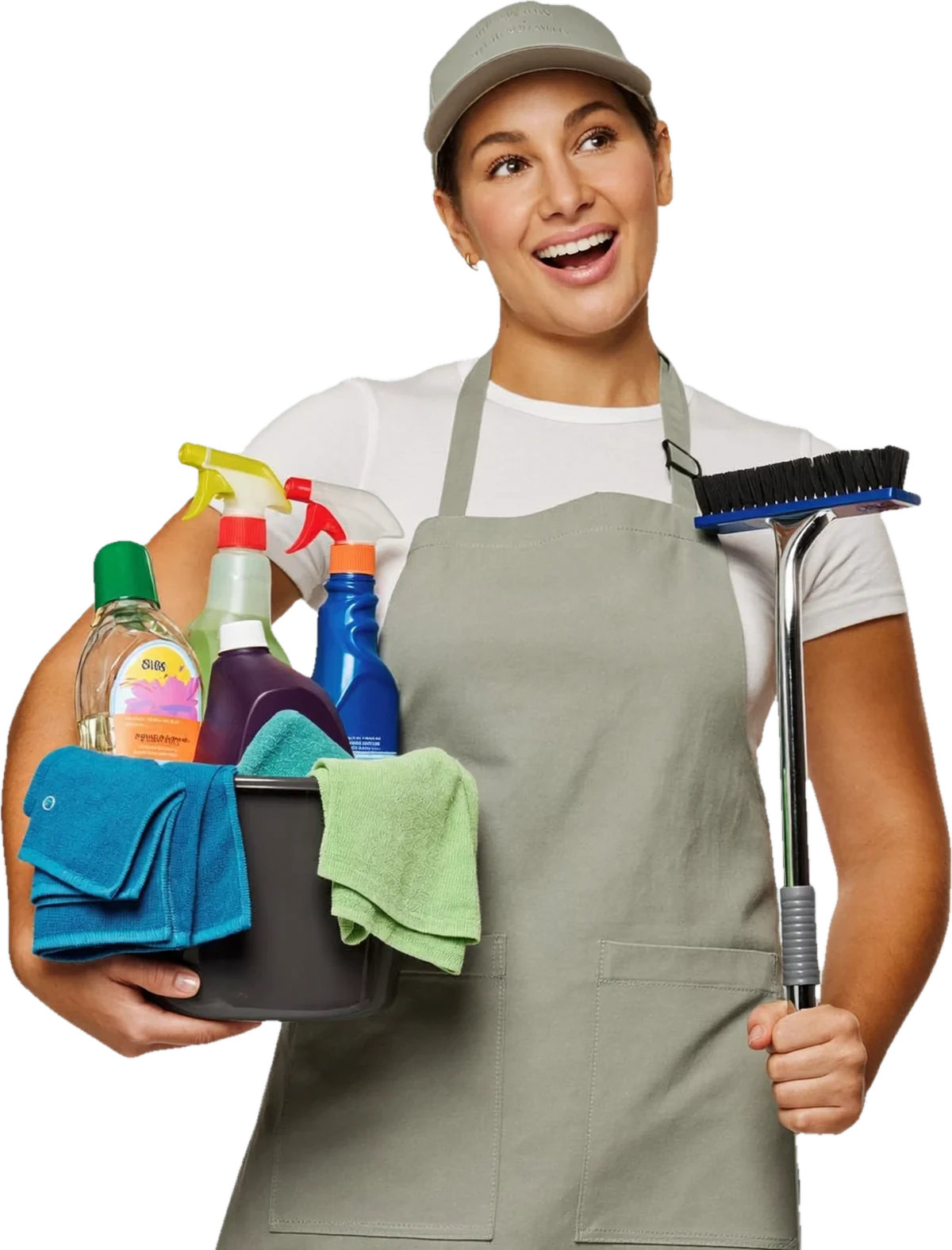 A smiling cleaner in a sage cap and apron holding a bucket of cleaning supplies and a scrub brush
